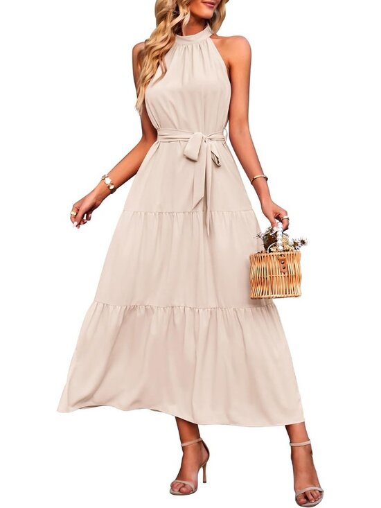 Dresses & Skirts - Women's Solid Beige Sleeveless Halter Neck High Waist Backless Maxi Dress